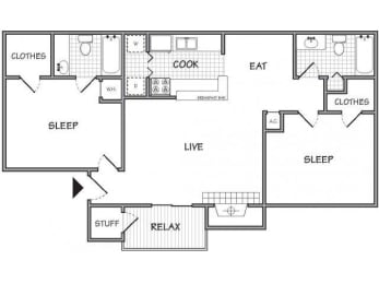2 Bed - 2 Bath |886 sq ft The Winchester floorplan
