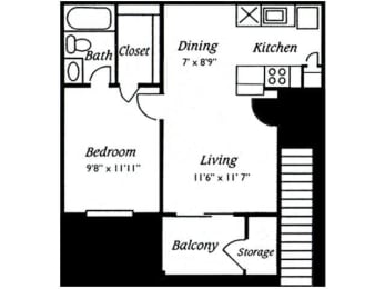 floor plan 1 Bed - 1 Bath, 501 sq ft, The Kentucky (S)