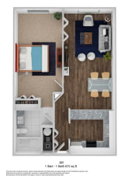 1 Bed - 1 Bath 672 sq. ft. BR floor plan