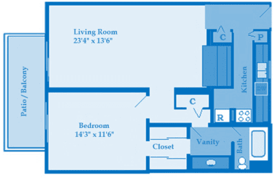 Cottonwood Creek 1 Bedroom Floor Plan image depicting layout. Patio/balcony, bedroom and living room on the left. Bathroom and kitchen on the right.