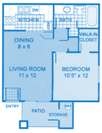 Cantera 1A Floor Plan image showing layout of apartment. Bedroom and bath to the right, living room and kitchen to the left.
