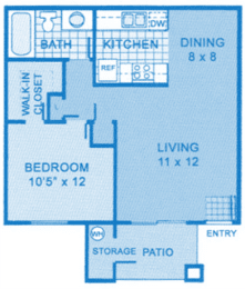 Cantera 1B Floor Plan image depicting layout of home. Kitchen, dining and living room on the right, bedroom and bathroom on the left.