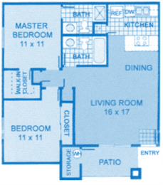 Cantera 2A Floor Plan image depicting layout. Master, bedroom, bathrooms on the left, living room and kitchen on the right.