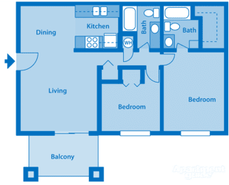 Catalina Canyon 2B Floor Plan Image depicting layout. Balcony, living room and kitchen on the left. Bedrooms and bathrooms on the right.