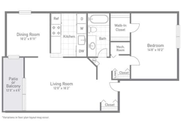 The Aspen - One Bedroom One Bath Floor Plan at Stuart Woods, Herndon, VA