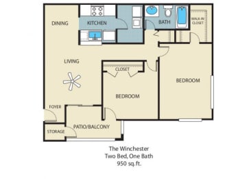 Winchester Floorplan 2 Bedroom 1 Bath 884 Total Sq Ft at Rosemont Apartments, Roswell, GA 30076