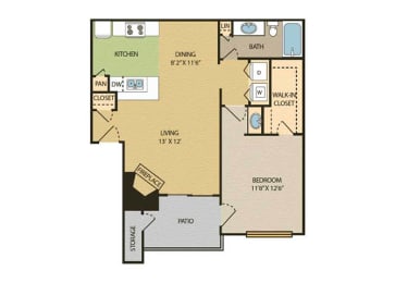 1 bedroom 1 bathroom floor plan A at The Glen at Highpoint, Dallas, Texas