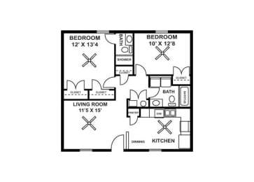 2 bedroom 2 bathroom floor plan B at Park Place Apartments, Louisville, KY