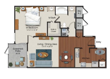 1 Bedroom A 1 Bath Floor Plan at Water&#x27;s Edge Apartments, Florida