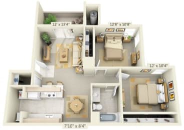 Stanford Heights Apartments Waterford 2x1 Floor Plan 852 Square Feet