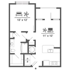 Floor Plan  Azure Carnes Crossroads A1A Floor Plan 1 bed 1 bath 684sqft 2D