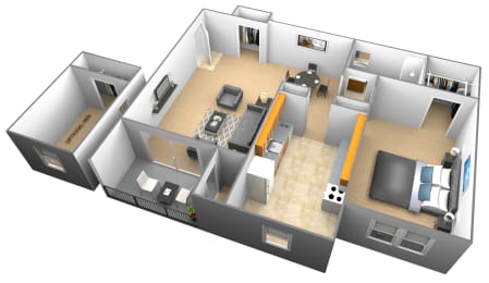 1 bedroom 1 bathroom with den 3D floor plan at Woodridge Apartments in Randallstown, Maryland