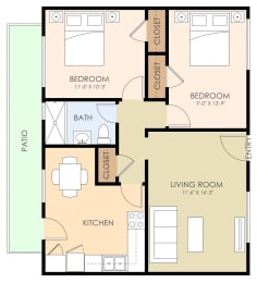 2 bedroom 1 bathroom floor plan at Sunnyvale Court, Sunnyvale, California