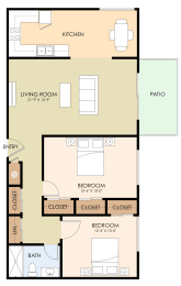 Two Bedroom One Bath Floor Plan at Magnolia Place, Sunnyvale, California
