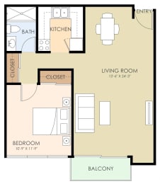 1 bedroom 1 bathroom floor plan at Ambassador, San Mateo