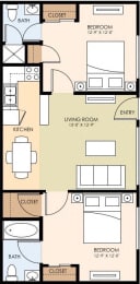 Two Bedroom Two Bath Floor Plan at The Arbors at Mountain View, Mountain View, CA