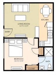 One Bedroom One Bath Floor Plan at The Arbors at Mountain View, Mountain View, 94040