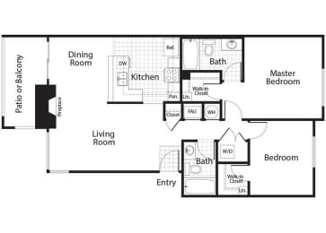 Bailey - 2 Bedroom 2 Bath Floor Plan Layout - 1037 Square Feet