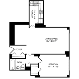 1x1D Floor Plan at Towne House, St. Louis, Missouri