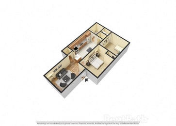 2 Bedroom, 1 Bathroom 3D Floor plan at Sandstone Court Apartments, Greenwood, IN