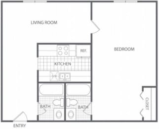 Floor Plan 1 Bed 2 Bath - HC-C