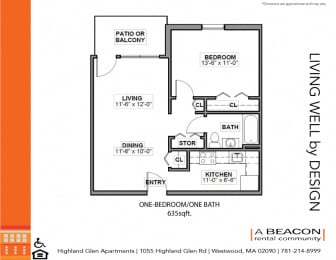 One bedroom at Highland Glen Apartments in Westwood MA