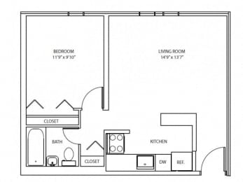 1 Bedroom, 1 Bathroom Floorplan
