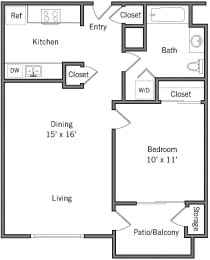 1B - 1 Bedroom 1 Bath Floor Plan Layout - 656 Square Feet