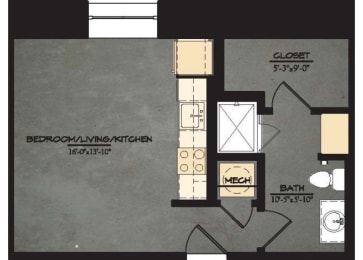 The Brewery S1 Floorplan 1 Bedroom 1 Bath 418 Total Sq Ft at The Tennessee Brewery, Memphis, TN 38103