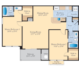 2BR 1010 sq ft Floor Plan at The Fields at Lorton Station, Virginia