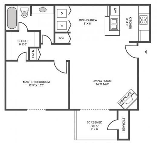 Floor Plan  1 bed 1 bath Floor Plan at Jasmine Creek Apartments, Pensacola