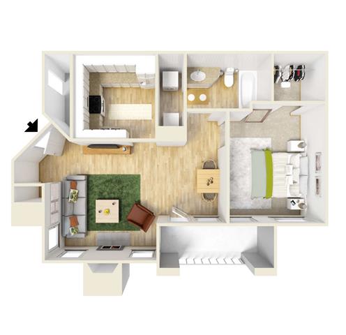 Floor Plan  1-bedroom/1-bathroom floor plan layout with 790 square feet at Renaissance at Galleria apartments for rent in Hoover, AL