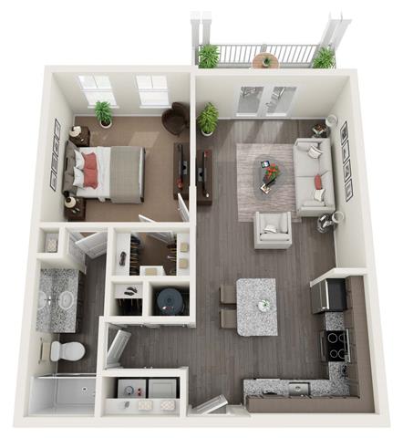 Floor Plan  A-1 1-bedroom/1-bathroom 3D floor plan layout with 724 to 793 square feet at The Station at Brighton apartments for rent in Grovetown, GA