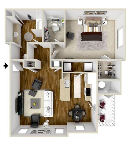 Floor Plan  1-bedroom/1-bathroom 3D floor plan layout with 839 square feet at The Gables apartments for rent in Ridgeland, MS
