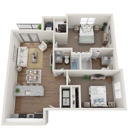 Floor Plan  2-bedroom/2-bathroom floor plan layout with 965 square feet at Exchange at Windsor Hill in North Charleston, SC