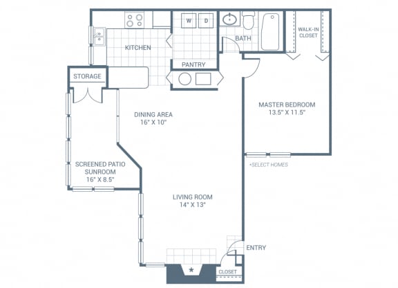 Floor Plan  1 Bedroom 1 Bath 950 sqft (A1)