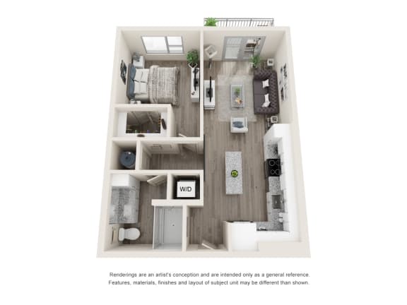 A1 3D Floor Plan Floor Plan One-Bedroom Floor Plan A1|26 at City Point Apartments