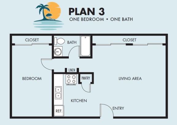 Floor Plan  The Island Apartments 1 bedroom 1 bathroom floorplan