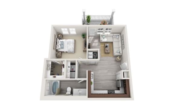 Floor Plan  A1 1-bedroom/1-bathroom 3D floor plan layout with 717 square feet at The Station at Poplar Tent apartments for rent in Concord, NC