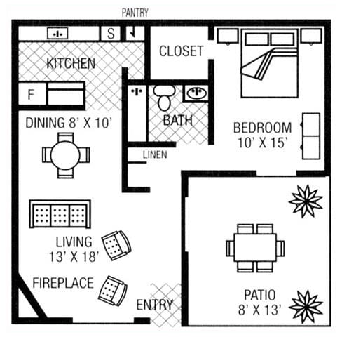 Floor Plan  One Bedroom with Patio
