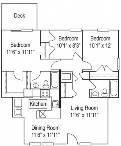 Floor Plan  Riverwoods Apartments The River Holly Floor Plan 3 Bedroom, 2 Bathroom