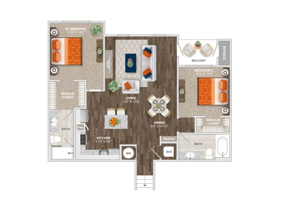2 Bed 2 Bath Sunburst Floor Plan at Trelago Apartments, Maitland, FL, 32751