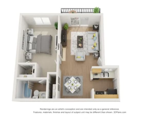 One Bedroom 1 bathroom 619 Sq.Ft. 3D Floor Plan Layout at Pacific Trails Luxury Apartment Homes, Covina, California