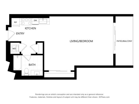 unit 303 Studio Floor Plan at The Mansfield at Miracle Mile, Los Angeles, 90036