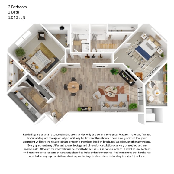 2 bedroom, 2 bathroom 1042 square feet