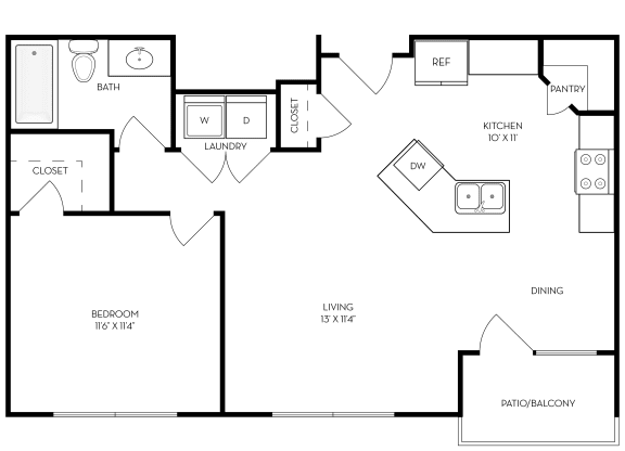 1 bed 1 bath 691 sf