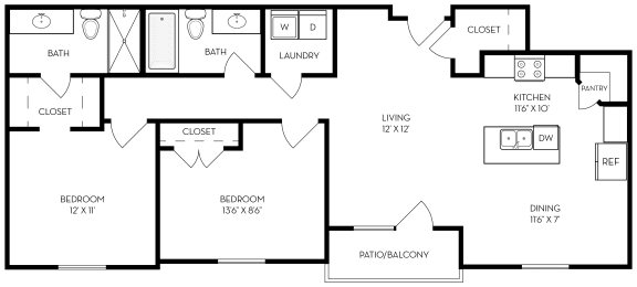 2 bed 2 bath 1025 sf