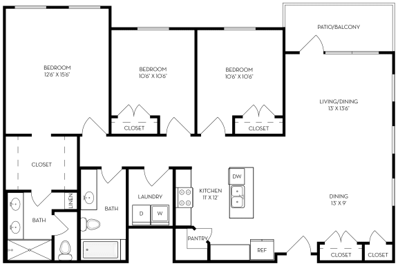 3 bed 2 bath 1368 sf