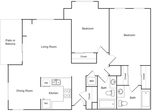 2 Bed 2 Bath 1,019 Sq.Ft.Floor Plan at Wood Creek Apartments, Pleasant Hill, California