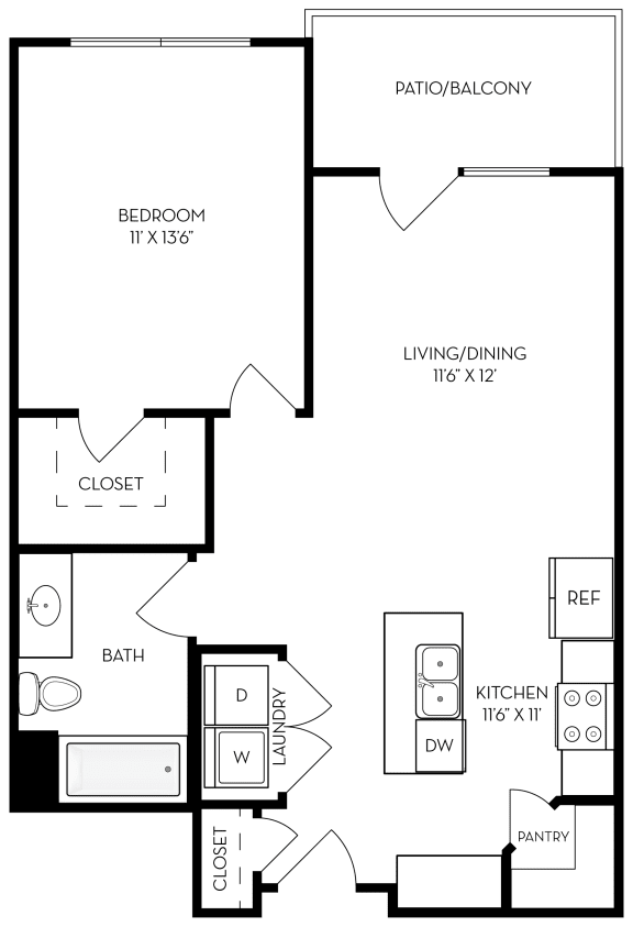 1 bed 1 bath 681 sf